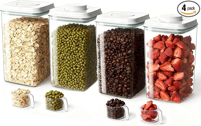 Melovom 4 Pcs Large Pop Airtight Food Storage Containers Set with Lids, 4.2Qt/4L Food Containers with Scoop, Kitchen Pantry Organization and Storage, BPA Free Stackable Cereal Container (4 * 4.2Qt)