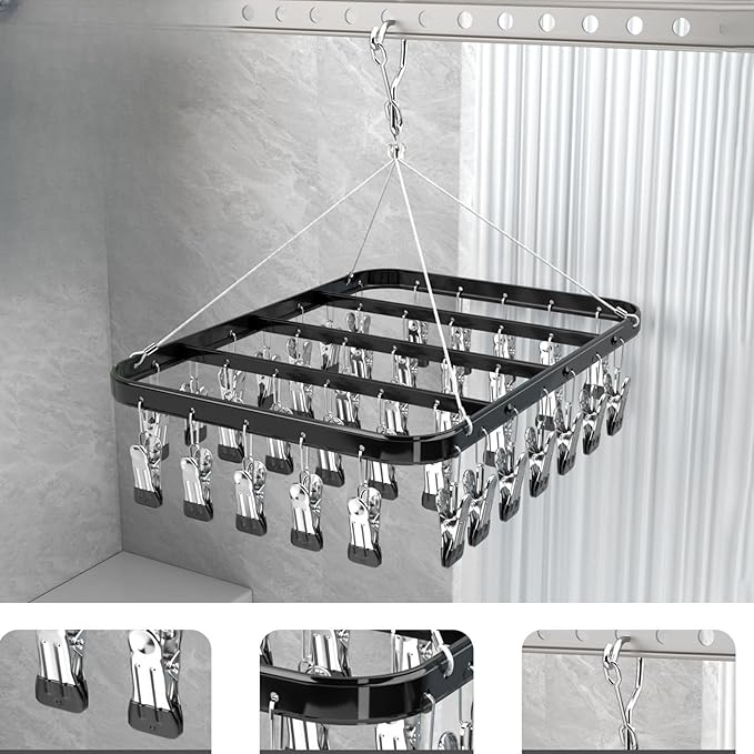 Clothes Drying Racks Clip Hangers Metal with 36 Clips Windproof Hook Underwear Hanger Foldable Laundry Clip for Socks Bras Black