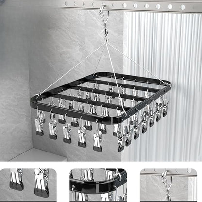 Clothes Drying Racks Clip Hangers Metal with 36 Clips Windproof Hook Underwear Hanger Foldable Laundry Clip for Socks Bras Black