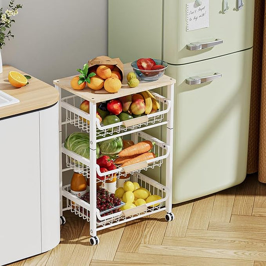 JAQ Fruit Vegetables Carts, 4-Tier Slide Out Metal Storage Basket Stand Rack Organizers with Wood Top and Handle with Rolling Wheels for Snack Veggie Produce in Kitchen Pantry Floor (White, 4 -Tier)