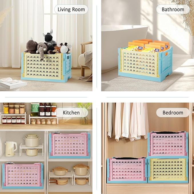 Stackable Plastic Closet Storage Basket, 2 Pack Foldable Closet Organizers and Storage Bins, Decorative Basket for Closet, Shelves, Laundry, Wardrobe Organizing (Pink Blue + Yellow Blue)
