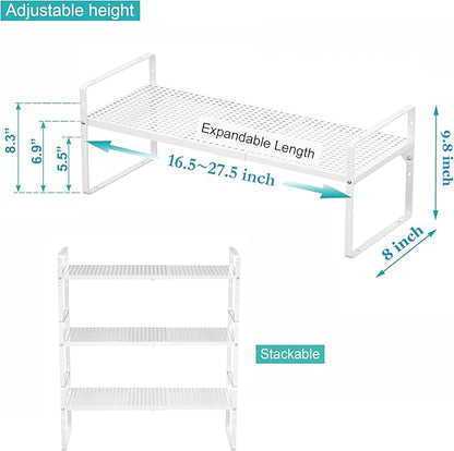 iPEGTOP Expandable Cabinet Storage Shelf Organizer Rack, Heavy Duty Stackable Steel Metal Spice Rack Adjustable Height Pantry Garage Shelf for Counter Kitchen Organization, White - 1 Pack