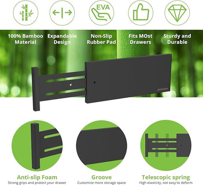 ANTOWIN 4 Pack Expandable Drawer Dividers, 4.7'' High, Extend from 12.2'' to 17.7'', Dresser Drawer Organizers, Bamboo Separators for Kitchen, Bedroom, Office, Bathroom (Black)