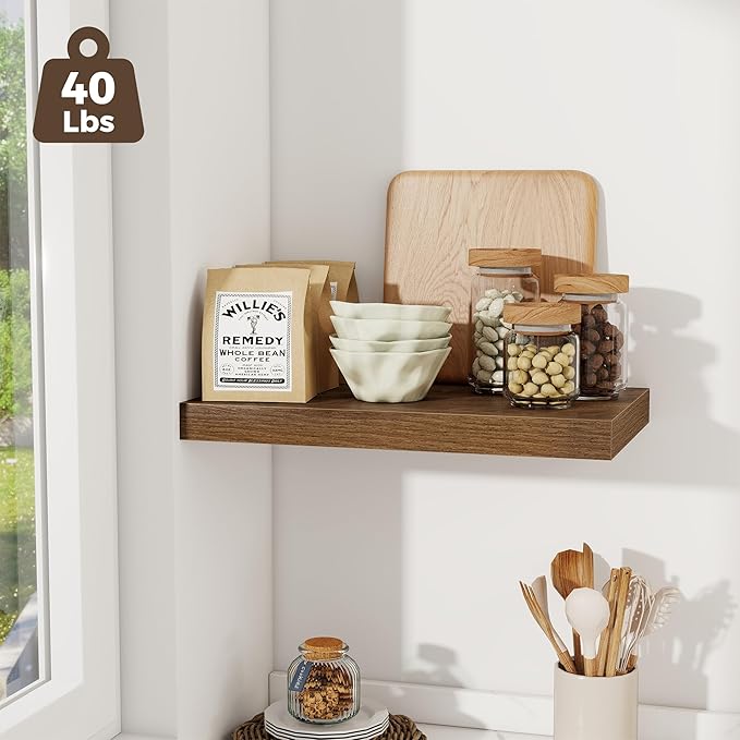 Fun Memories 12 Inch Deep Floating Shelves for Wall, 20 Inch Long Wall Mounted Storage Shelf with Invisible Brackets, 3 Pack Hanging Wood Shelf for Farmhouse, Bedroom, Kitchen, Living Room, Walnut