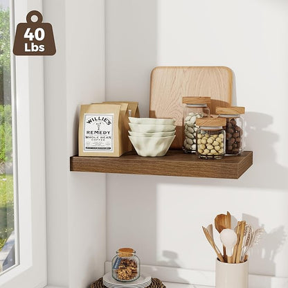 Fun Memories 12 Inch Deep Floating Shelves for Wall, 20 Inch Long Wall Mounted Storage Shelf with Invisible Brackets, 3 Pack Hanging Wood Shelf for Farmhouse, Bedroom, Kitchen, Living Room, Walnut