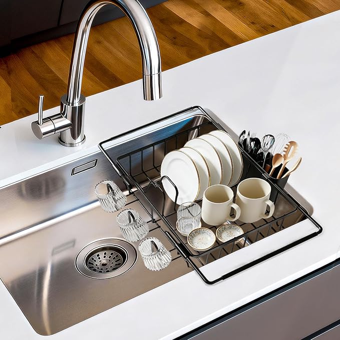 KUK Dish Drying Rack in Sink, Expandable Stainless Steel Over The Sink Dish Rack with Cutlery Holder & Cup Holders, Large Kitchen Racks for Dishes Vegetables Fruits (Black)