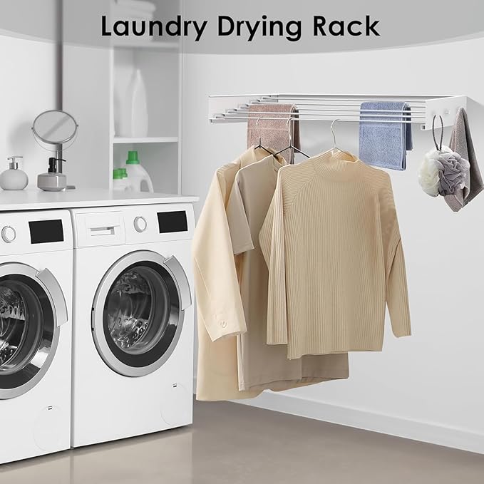 Wall Mounted Foldable, Space Saving Clothes Drying Rack with Knob, 60 lbs Capacity, for Laundry (31.5" White)