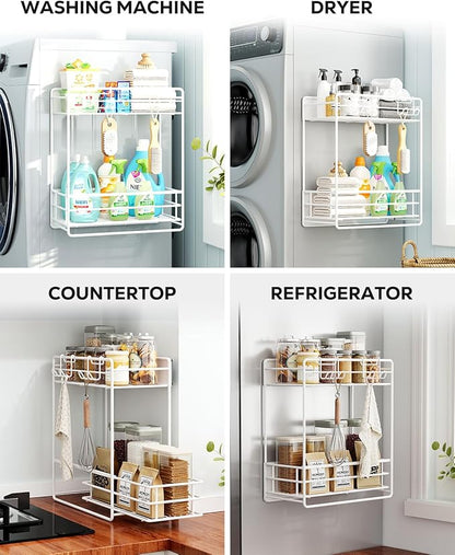 Nieifi 2 Tier Magnetic Shelves for Washing Machine, Magnetic Spice Rack for Refrigerator, Laundry Room & Kitchen Organizer Storage Baskets, White