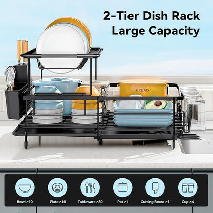2 Tier Dish Drying Rack, Expandable Two Tier Dish Rack for Kitchen Counter, Extendable Over The Sink Dish Drainer, Large Multifunctional Dish Strainer with Removable Top Shelf for in Sink Use, Black