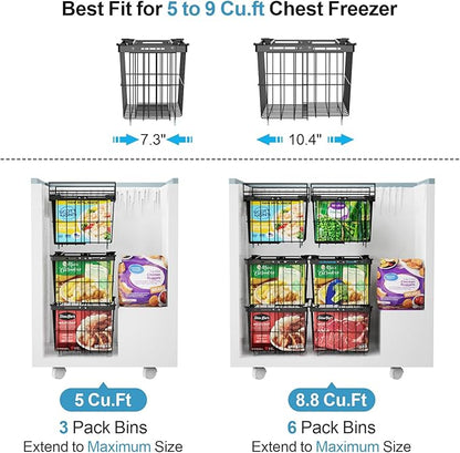 iSPECLE Freezer Organizer Bins - 2 Pcs Hanging Baskets for Deep Freezer, Adjustable Wider & Deeper Chest Freezer Organizer Bins for 5 to 9 Cu Ft, Extra Large & Easy Organize, Black