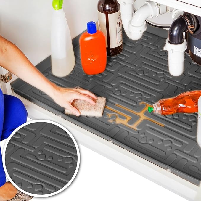 XTREME MATS Waterproof Undersink Mat (Gray 28" 1/4 x 22 1/4) Cabinet Base Liner for Kitchen & Laundry Cabinets Catches Leaks Prevents Damage Flexible Sink Driptray