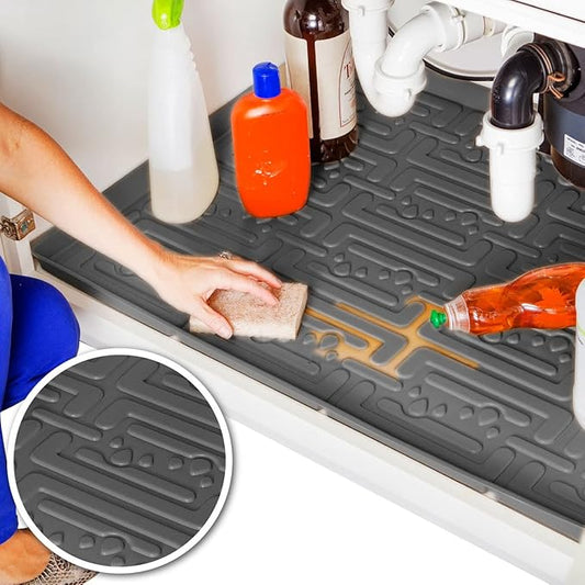 XTREME MATS Waterproof Undersink Mat (Gray 28" 1/4 x 19 1/4) Cabinet Base Liner for Bathroom Vanity Cabinets Catches Leaks Prevents Damage Flexible Driptray