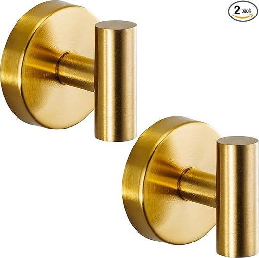 Fenas Suction Cup Hooks for Shower - Bathroom Reusable Hooks for Towels, Robes & Loofah - No-Drill Mounting on Kitchen,Walls,Metal,Glass,Mirrors,Tile & Smooth Non-Porous Surfaces (2, Brushed Gold)