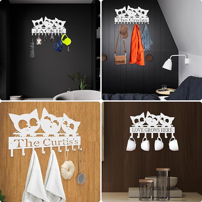 Personalized Metal Key Rack Hooks, Key Holder Wall Mounted Key Hooks, Cat Theme Wall Decoration Hooks, Key Hanger Organizer for Living Room, Entryway, Bathroom, Office Decor