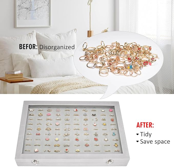 Rings Organizer Tray 100 Slot Velvet Ring Earring Storage Box TranSparent Cover Jewelry Store Ring Display Box Jewelry Display Cabinet for Girl Wife Mother