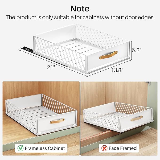 Pull out Cabinet Organizer Fixed with Adhesive Nano Film,Heavy Duty Slide out Pantry Shelves Drawer Storage,Sliding Mesh Cabinet Basket with Handle for Kitchen, Bathroom,Home, 13.8"W X 21"D X6.2"H