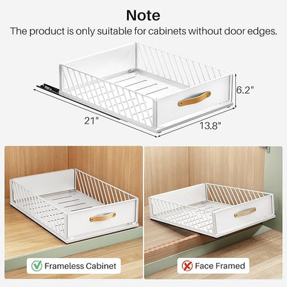 Pull out Cabinet Organizer Fixed with Adhesive Nano Film,Heavy Duty Slide out Pantry Shelves Drawer Storage,Sliding Mesh Cabinet Basket with Handle for Kitchen, Bathroom,Home, 13.8"W X 21"D X6.2"H