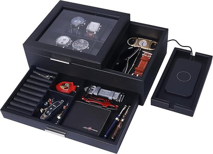 Lifomenz Co Mens Jewelry Box Valet Tray with Drawer and Charging Station Organizer,Nightstand Organizer for Men Jewelry Tray,Catchall Tray for Men Accessories