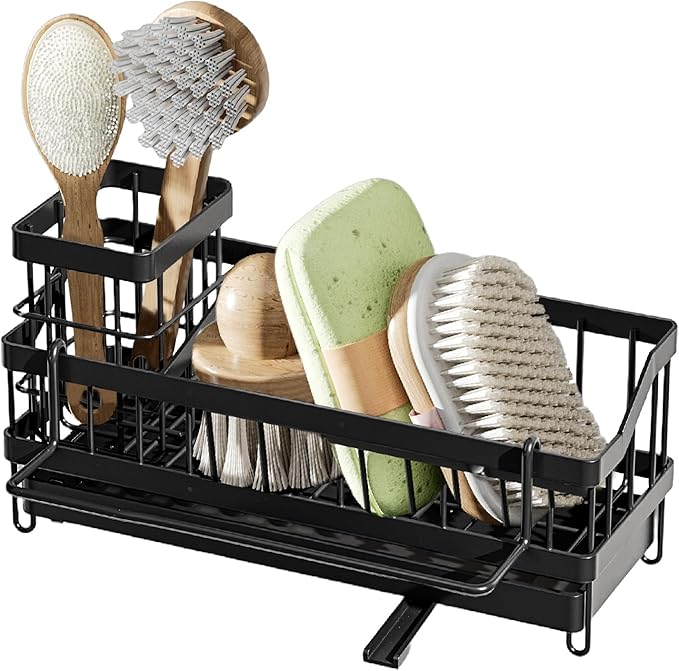SOVGIZF Sink Caddy kitchen Organzier with High Brush Holder, Wall-Mounted Sponge Holder for Sink, Countertop Organizer Soap Dispenser Storage, Rustproof 304 Stainless Steel Kitchen Essentials