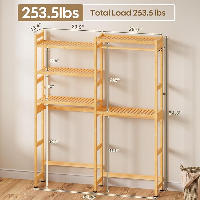 Over The Washer and Dryer Storage Shelf Bamboo,5 Tiers Laundry Room Drying Rack with Adjustable Shelves and 4 Hooks,Space Saver Organizer for Hanging Clothes and Towels (Natural)