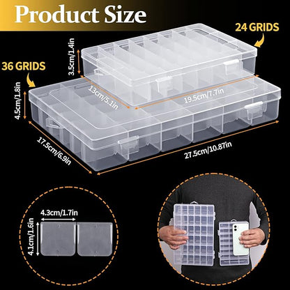 2 Pack 36 Grids Clear Plastic Organizer Box, Storage Container With Adjustable Divider, Craft and Bead Storage for DIY Jewelry Tackles With 2 Sheets Label Stickers