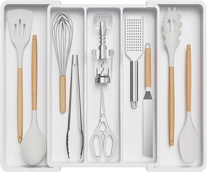 Lifewit Utensil Organizer for Kitchen Drawers, Expandable Cooking Utensil Tray, Adjustable Cutlery Silverware Flatware Holder, Plastic Spatula Tools and Gadgets Storage Divider, White, 13"-22" x 15"