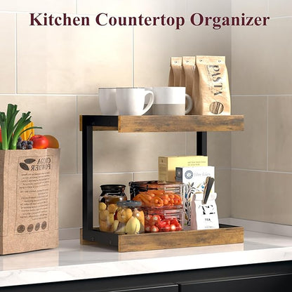 MARTY 2 Tier 15.75"x8.9" Large Countertop Shelf Organizer Spice Rack, Coffee Station Organizer for Mugs Cups, Wooden Shelf Desktop Storage Organizer for Kitchen Bathroom Home Office (Rustic Brown)
