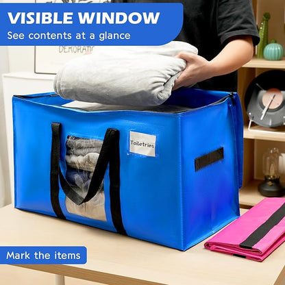 12 Pack Extra Large Moving Bags,Christmas Decoration Storage Bins,37Gallon Heavy Duty Storage Totes with Visible Window & Tag Pocket,Moving Boxes Alternative,Packing Bags For Dorm Closet RV(Blue)