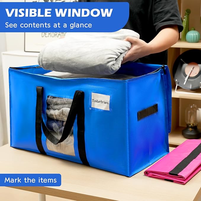 6 Pack Extra Large Moving Bags,Christmas Decoration Storage Bins,37Gallon Heavy Duty Storage Totes with Visible Window & Tag Pocket,Alternative to Moving Boxes,Dorm Room Essentials(Blue)