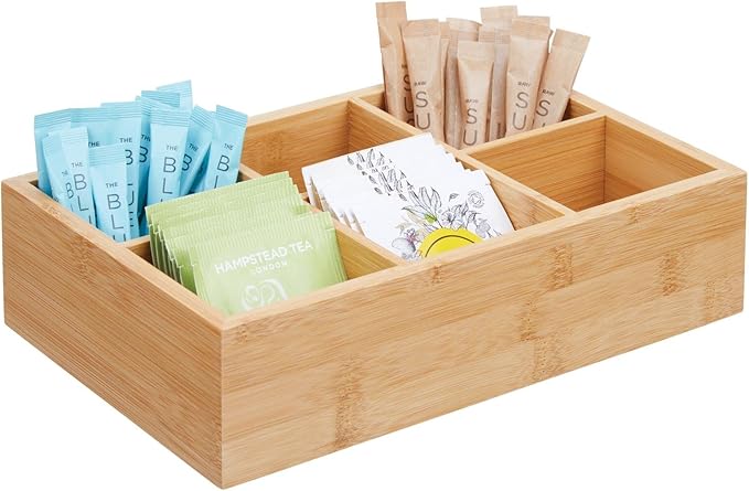 mDesign Bamboo Tea & Food Storage Organizer Container Box - Wooden Holder Case for Tea Bags, Coffee, Snacks, Sugar, Sweeteners, and Small Packets - Echo Collection - 4 Pack - Natural Wood