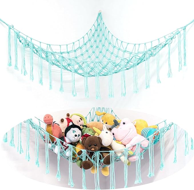 Stuffed Animal Hammock Corner, Hand-knitted Large Plushie Net Toy Hammock with Wooden Rings | Boho Cute Stuff Animal Storage for Nursery & Bedroom | Mesh Kids Toy Organizer Holder Nursery Room Decor