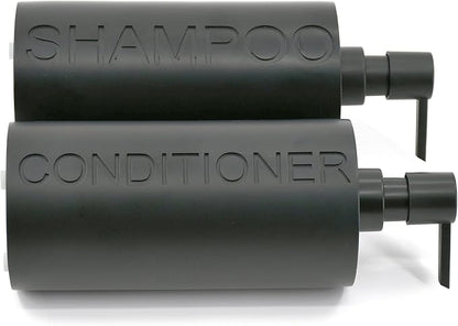 2-Pack Matte Black Resin Refillable Shampoo & Conditioner Bottles – Modern Bathroom Pump Dispenser Set, Durable Resin Shower Containers with Embossed Labels, Reusable Pump Bottle