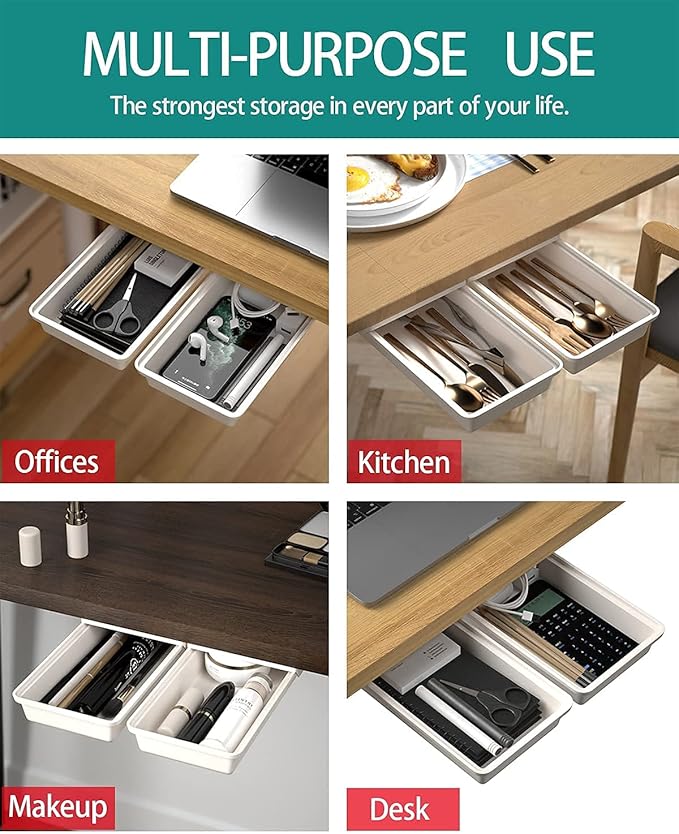 2Pack Under Table Desk Drawer Storage Organizer Slide Out, Hidden Self-Adhesive Under Desktop Pencil Tray Drawer for Office,Classroom,Kitchen(S/white）
