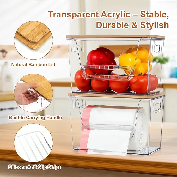 Wetheny 2-Pack Trash Bag Holder, Clear Acrylic Trash Bag Dispenser with Bamboo Lid, Extra-Large Garbage Bag Dispenser Holder Under-Sink Organizer for Kitchen, Cabinet, Pantry & Laundry Room