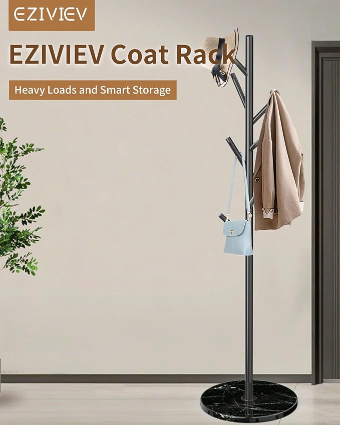 Modern Coat Rack Stand, Metal Freestanding Coat Rack with Natural Marble Base, Black Coat Racks with 8 Hooks and Coat Hanger Tree Jacket Stand for Office, Entryway, Hallway