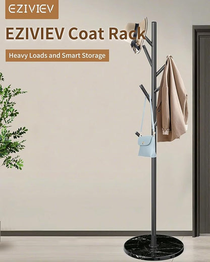 Modern Coat Rack Stand, Metal Freestanding Coat Rack with Natural Marble Base, Black Coat Racks with 8 Hooks and Coat Hanger Tree Jacket Stand for Office, Entryway, Hallway