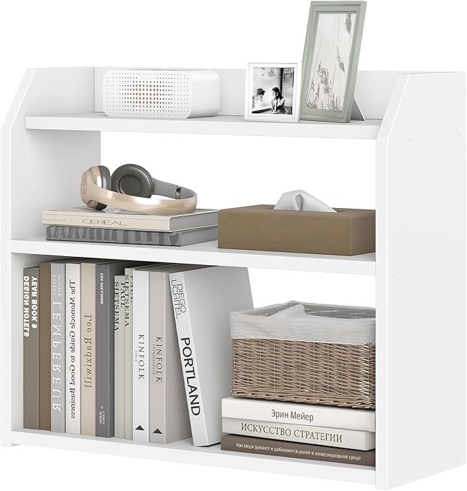 Giantex 3-Tier Desktop Bookshelf, Small Wood Countertop Organizer with Raised Guardrails, Space-Saving Desk Display Hutch, Modern Tabletop Shelf for Study Room, Office and Dorm, White (1)