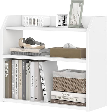 Giantex 3-Tier Desktop Bookshelf, Small Wood Countertop Organizer with Raised Guardrails, Space-Saving Desk Display Hutch, Modern Tabletop Shelf for Study Room, Office and Dorm, White (1)