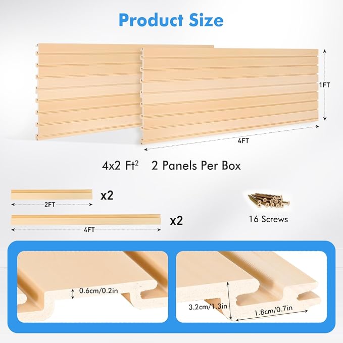 [4x2 Ft²] PVC Slat Wall Paneling, Adjustable Slatwall Panels with Coupling Structure, Slatted Wall Panel System with Customizable Storage Options, DIY Cutting & Easy-to-Install Slatwall Board Shelves