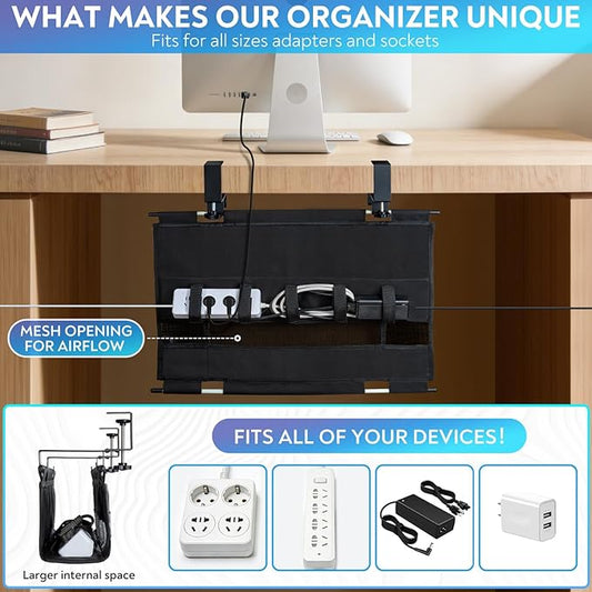 Fabric Under Desk Cable Organizer - Desk Cord Organizer with 20-Piece Cable Management Kit, Easy Installation with Clamp or Screw Mount for Standing Desk Cable Management, Home and Office