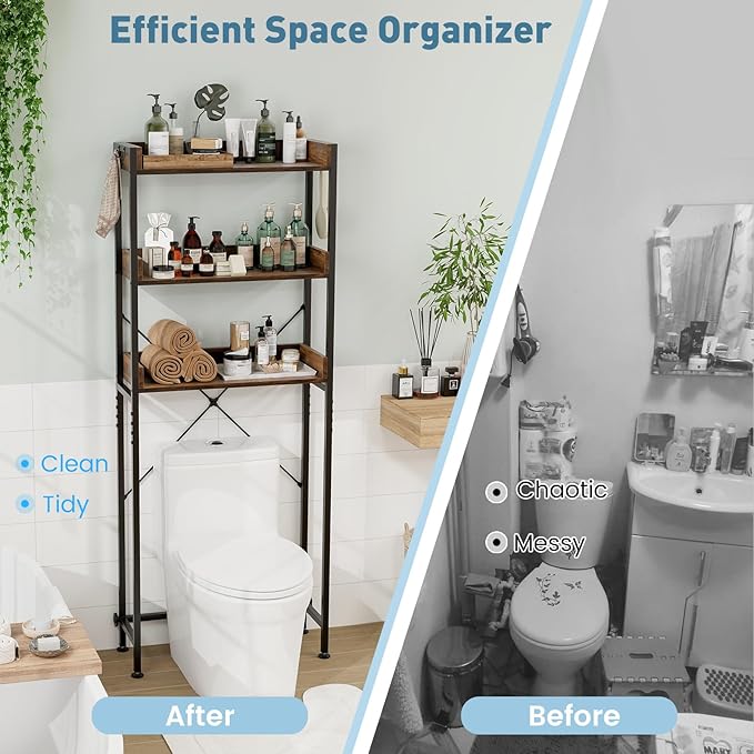 LOKO 3-Tier Over The Toilet Storage Rack, Bathroom Space Saver Shelf, Freestanding Above Toilet Organizer with 4 Hooks, Anti-Tipping Device, Metal Frame Toilet Rack for Balcony Laundry (Brown+Black)