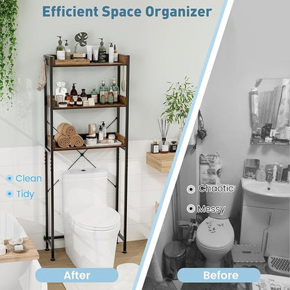 LOKO 3-Tier Over The Toilet Storage Rack, Bathroom Space Saver Shelf, Freestanding Above Toilet Organizer with 4 Hooks, Anti-Tipping Device, Metal Frame Toilet Rack for Balcony Laundry (Brown+Black)