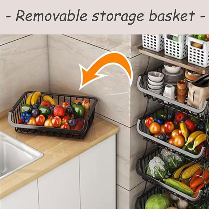 Dcxcaicc 2 Tier Stackable Fruit Vegetable Storage Baskets with Wheels,Wire Hanging Baske Stand for Kitchen Organizer, Fruit Basket for Kitchen,Pantry,Bathroom