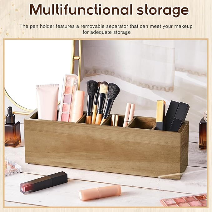 Jetec Wooden Pencil Pen Holder for Desk 6 Compartments Wood Office Desk Organizers for Countertop Adjustable Makeup Brush Organizer Silverware Caddy for Party, Home, Art Supplies(Wood Color)