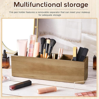 Jetec Wooden Pencil Pen Holder for Desk 6 Compartments Wood Office Desk Organizers for Countertop Adjustable Makeup Brush Organizer Silverware Caddy for Party, Home, Art Supplies(Wood Color)