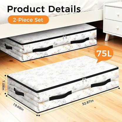 EdenDwell 2 Pack Under Bed Storage Bags, 75L Foldable Clear Storage Containers with Handles, Dual Zippers for Comforter, Clothes, Bedding, Linen Sheets, Sweaters, Blanket Storage