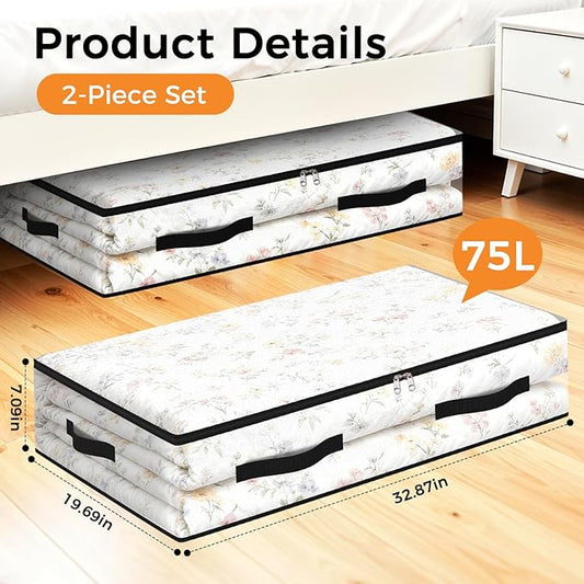 EdenDwell 2 Pack Under Bed Storage Bags, 75L Foldable Clear Storage Containers with Handles, Dual Zippers for Comforter, Clothes, Bedding, Linen Sheets, Sweaters, Blanket Storage