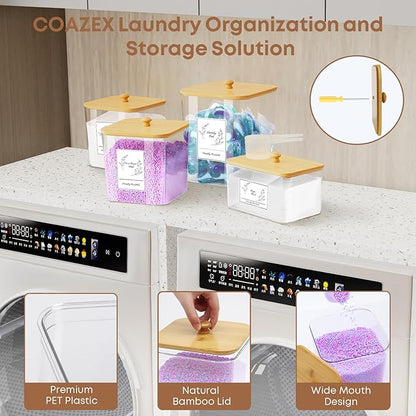 4 Pack Clear Laundry Pods Container & Dryer Sheet Holder, Plastic Square Laundry Room Organization and Storage Jars with Lids, Scoops & Labels for Detergent, Powder, Dryer Balls, Beads