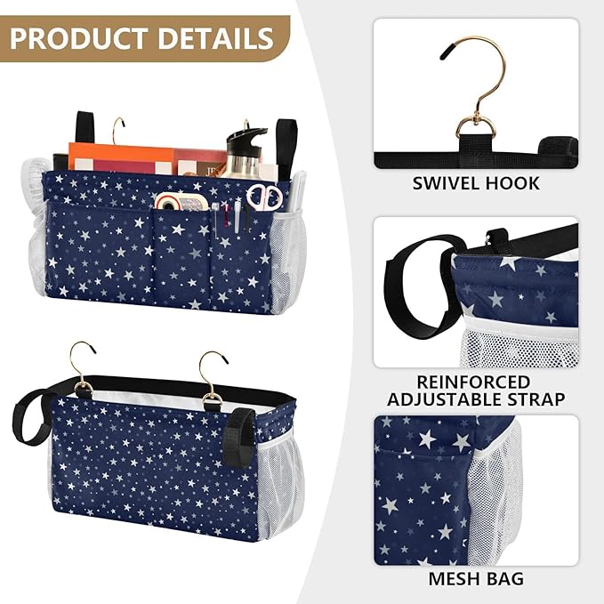 CuwrYet Bedside Caddy Hanging Bunk Bed Caddy Bed Organizer Hanging Pocket with 2 Hooks Bedside Storage Organizer Pocket Bag Holder Stars Dark Blue