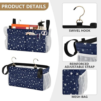 CuwrYet Bedside Caddy Hanging Bunk Bed Caddy Bed Organizer Hanging Pocket with 2 Hooks Bedside Storage Organizer Pocket Bag Holder Stars Dark Blue
